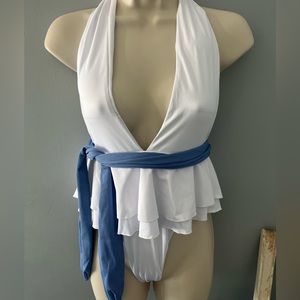 One Piece Medium White bathing suit with blue tie